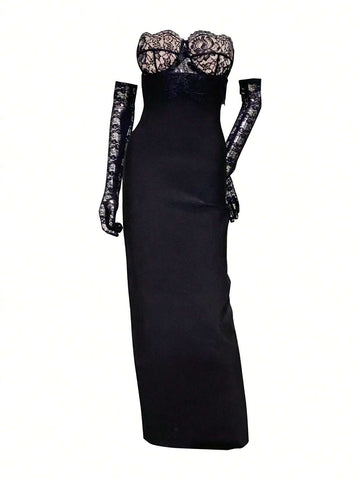 Women's Sexy Black Lace Patchwork Fitted Bandeau Party Evening Dress With Lace Gloves