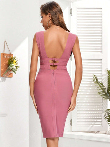 Women's Sexy Deep V-Neck Backless Slit Hem Bandage Dress, Party Gown