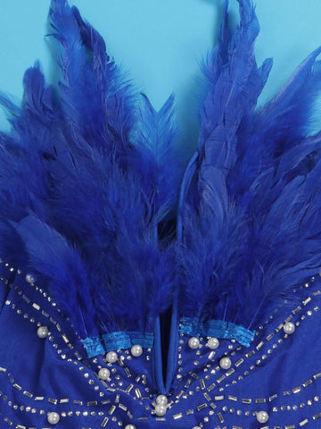 Women's Sexy Deep V Fake Feather Off Shoulder Hot Drilling Mesh See Through Evening Dress