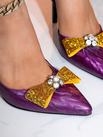 Women's Sexy Fashion Pointed Toe High Heel Shoes, Purple Color With Gold Rhinestone Bow Decor,