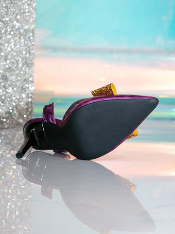 Women's Sexy Fashion Pointed Toe High Heel Shoes, Purple Color With Gold Rhinestone Bow Decor,