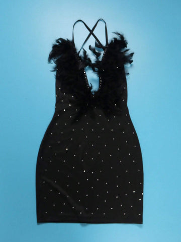 Women's Sexy Feathered V-Neck Backless Bodycon Dress With Rhinestones