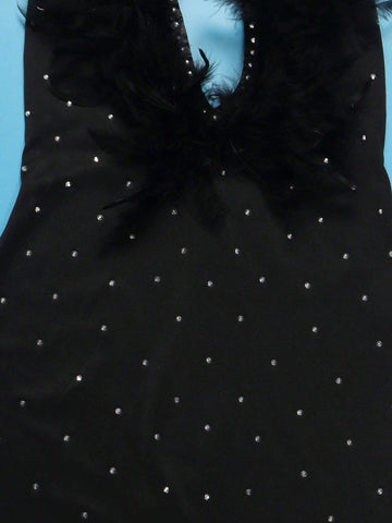 Women's Sexy Feathered V-Neck Backless Bodycon Dress With Rhinestones