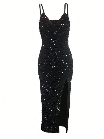 Women's Sexy Glitter Cami Bodycon Long Party Dress For Evening