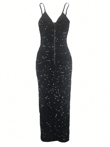 Women's Sexy Glitter Cami Bodycon Long Party Dress For Evening