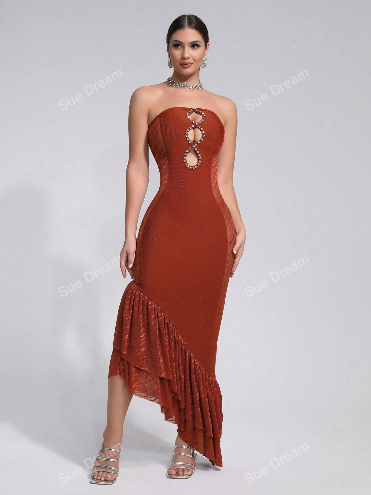 Women's Sexy Hollow Out Diamond Bandage Asymmetrical Ruffle Hem Sleeveless Cocktail Party Dress, Summer