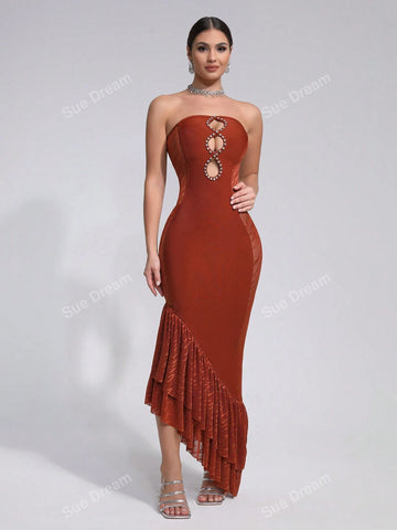 Women's Sexy Hollow Out Diamond Bandage Asymmetrical Ruffle Hem Sleeveless Cocktail Party Dress, Summer