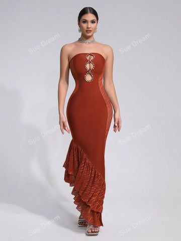 Women's Sexy Hollow Out Diamond Bandage Asymmetrical Ruffle Hem Sleeveless Cocktail Party Dress, Summer