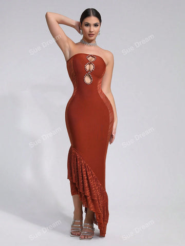 Women's Sexy Hollow Out Diamond Bandage Asymmetrical Ruffle Hem Sleeveless Cocktail Party Dress, Summer