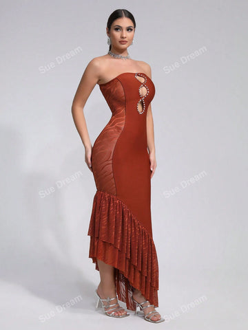 Women's Sexy Hollow Out Diamond Bandage Asymmetrical Ruffle Hem Sleeveless Cocktail Party Dress, Summer