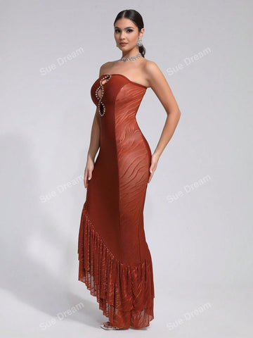 Women's Sexy Hollow Out Diamond Bandage Asymmetrical Ruffle Hem Sleeveless Cocktail Party Dress, Summer