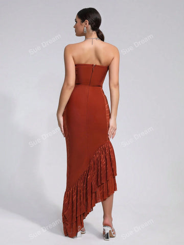 Women's Sexy Hollow Out Diamond Bandage Asymmetrical Ruffle Hem Sleeveless Cocktail Party Dress, Summer