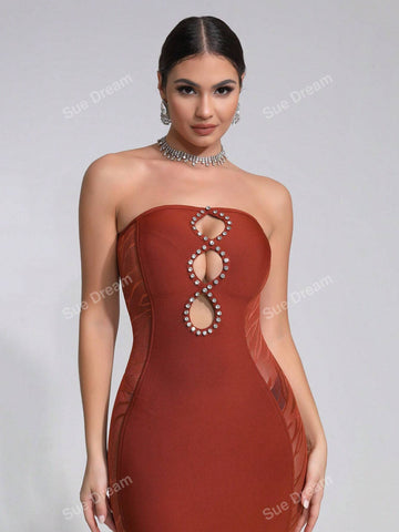 Women's Sexy Hollow Out Diamond Bandage Asymmetrical Ruffle Hem Sleeveless Cocktail Party Dress, Summer