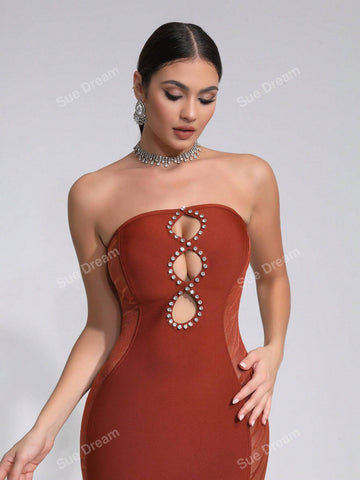 Women's Sexy Hollow Out Diamond Bandage Asymmetrical Ruffle Hem Sleeveless Cocktail Party Dress, Summer