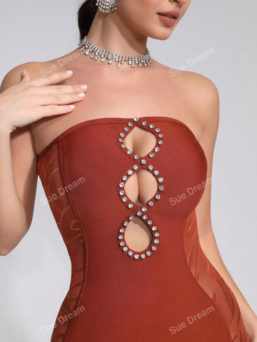 Women's Sexy Hollow Out Diamond Bandage Asymmetrical Ruffle Hem Sleeveless Cocktail Party Dress, Summer