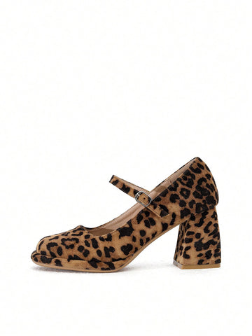 Women's Sexy Leopard Print Chunky Heel Mary Jane Pumps, Pointed Toe High Heel Shoes
