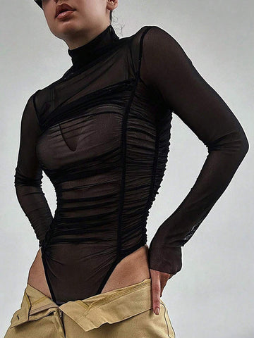 Women's Sexy Mesh See-Through Bodycon Bodysuit With Ruched Detail