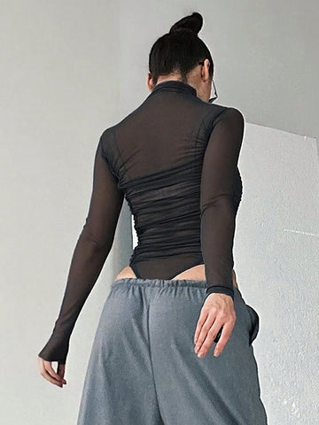 Women's Sexy Mesh See-Through Bodycon Bodysuit With Ruched Detail
