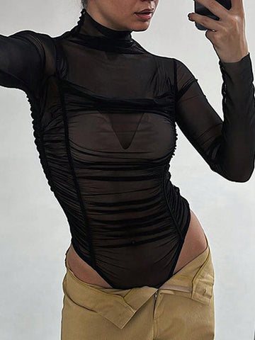 Women's Sexy Mesh See-Through Bodycon Bodysuit With Ruched Detail