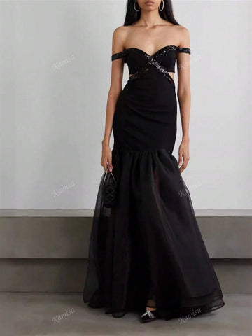 Women's Sexy Off-Shoulder Sequined Mermaid & Mesh Bandage Evening Dress