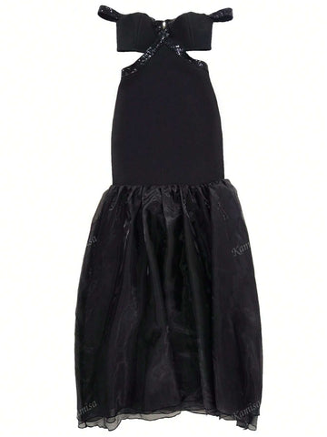 Women's Sexy Off-Shoulder Sequined Mermaid & Mesh Bandage Evening Dress