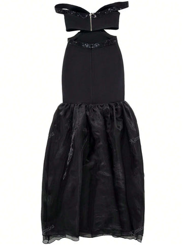 Women's Sexy Off-Shoulder Sequined Mermaid & Mesh Bandage Evening Dress