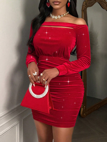 Women's Sexy Off Should Front Hollow Bodycon Textured Fabric Mini Velvet Dress With Glitter Details