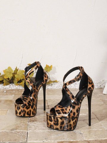 Women's Sexy Open Toe Slingback High Heels, 16cm Super High Heel Leopard Pattern Color Blocking