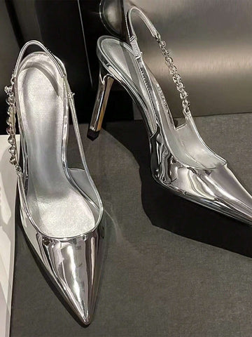 Women's Sexy Pointed Toe Slip-On High Heels With Rhinestone-Studded Silver One-Strap And Afterwards Gap, Fashionable French Style Point-Toe High-Heeled Sandals And Slippers For Spring And  Summer