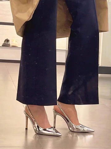Women's Sexy Pointed Toe Slip-On High Heels With Rhinestone-Studded Silver One-Strap And Afterwards Gap, Fashionable French Style Point-Toe High-Heeled Sandals And Slippers For Spring And  Summer
