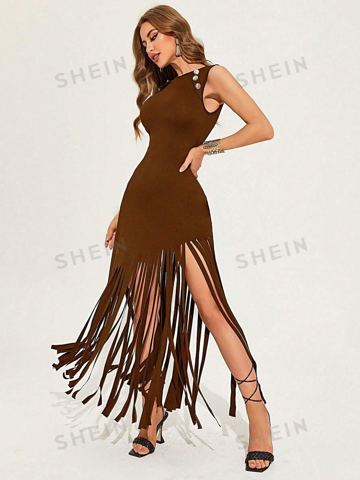 Women's Sexy Punk Gothic Vintage Sleeveless Metal Hem Irregular Fringe Bodycon Dress With Waistbelt