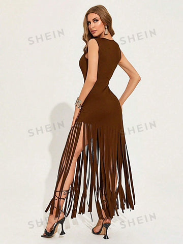 Women's Sexy Punk Gothic Vintage Sleeveless Metal Hem Irregular Fringe Bodycon Dress With Waistbelt