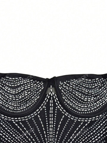 Women's Sexy Rhinestone Embellished Mesh Cami Party Evening Dress