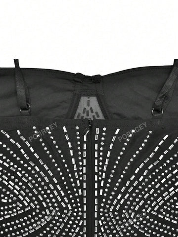 Women's Sexy Rhinestone Embellished Mesh Cami Party Evening Dress