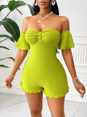 Women's Sexy Solid Beach Vacation Beach Off Shoulder Front Bowknot Ruffle Sleeve Ruffle Hem Women's Romper