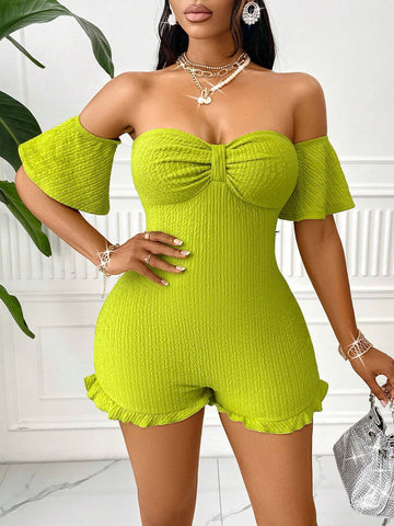 Women's Sexy Solid Beach Vacation Beach Off Shoulder Front Bowknot Ruffle Sleeve Ruffle Hem Women's Romper