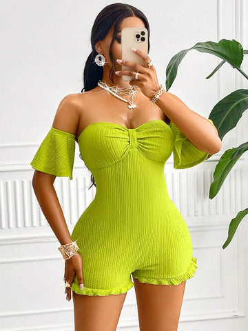 Women's Sexy Solid Beach Vacation Beach Off Shoulder Front Bowknot Ruffle Sleeve Ruffle Hem Women's Romper