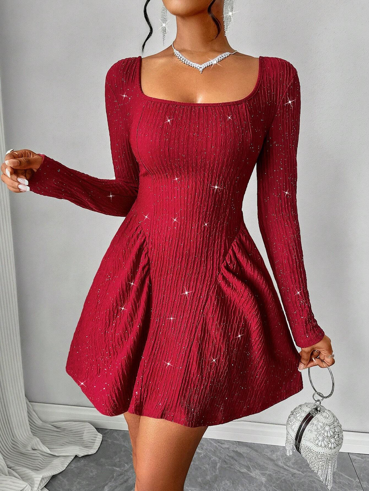 Women's Sexy Solid Square Collar Glitter Detail Backless Umbrella Swing Dress For Dating