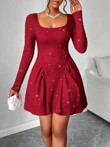 Women's Sexy Solid Square Collar Glitter Detail Backless Umbrella Swing Dress For Dating
