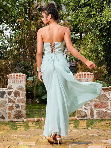 Women's Sexy Strapless Back Lace-Up Mesh Flower Decorated Evening Party Dress