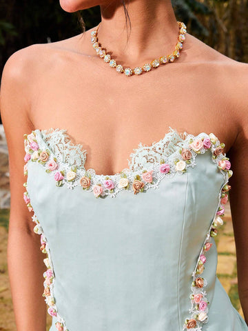 Women's Sexy Strapless Back Lace-Up Mesh Flower Decorated Evening Party Dress