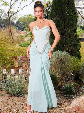 Women's Sexy Strapless Back Lace-Up Mesh Flower Decorated Evening Party Dress