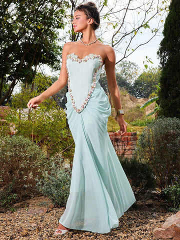 Women's Sexy Strapless Back Lace-Up Mesh Flower Decorated Evening Party Dress