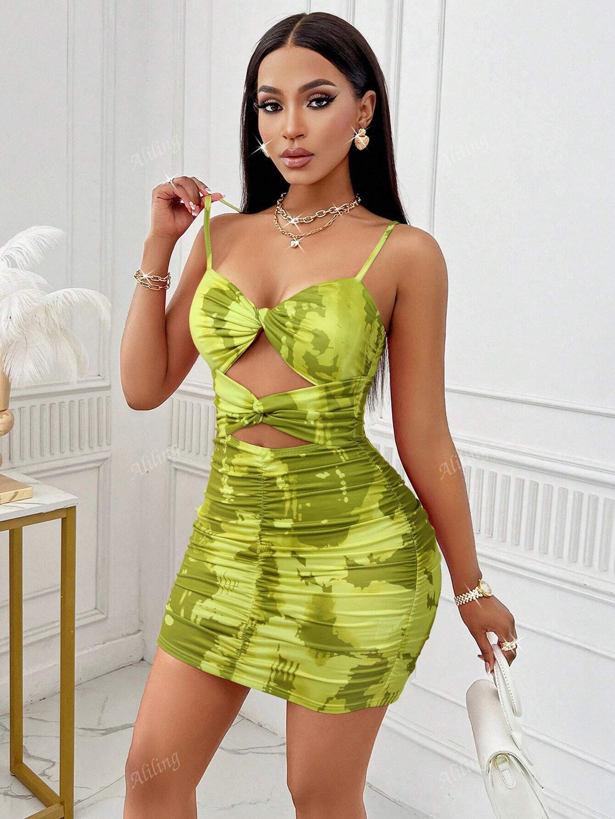 Women's Sexy Tie Dye Print Tube Top Twist Front Cut Out Ruched Bodycon Dress (Random Print)