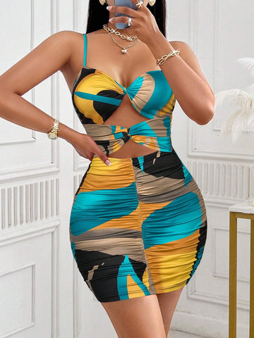 Women's Sexy Tie Dye Print Tube Top Twist Front Cut Out Ruched Bodycon Dress (Random Print)