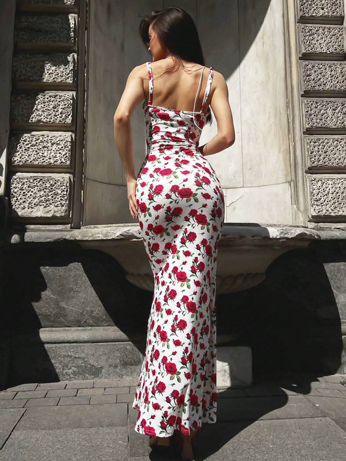 Women's Sexy U-Neck Floral Print Backless Bodycon Slip Dress For Party