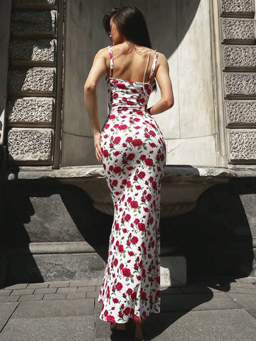 Women's Sexy U-Neck Floral Print Backless Bodycon Slip Dress For Party