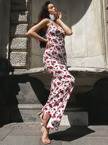 Women's Sexy U-Neck Floral Print Backless Bodycon Slip Dress For Party