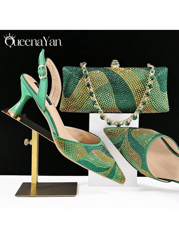Women's Sharp Toe Shoes & Clutch Bag Set, Decorated With Delicate Rhinestones, Minimalist Style