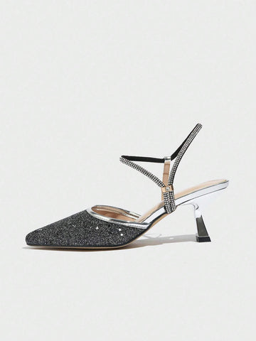 Women's Shiny High Heel Pumps, Fashion Pointed Toe Metallic Party Shoes, Elegant Mid Heel Sexy Ankle Strap